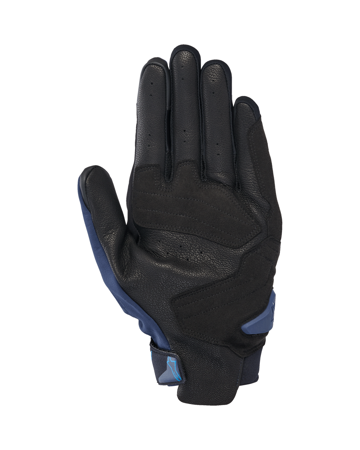 Alpinestars SP X 3 Gloves, Motorcycle Gloves, Dark Blue and Blithe Blue, palm view featuring perforated black leather with synthetic overlays, TPR palm slider, and integrated pull tab for easy entry.