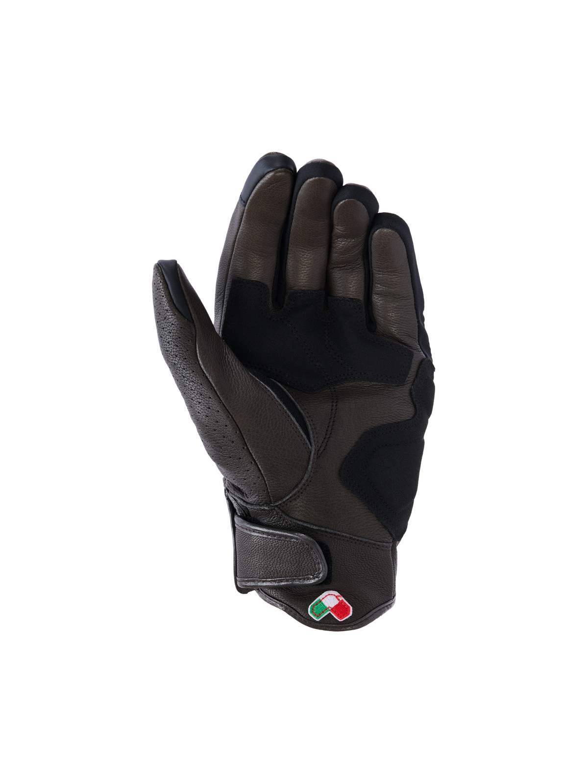 Alpinestars Mustang V3 Lederhandschuhe, Dunkelbraun und Schwarz, Handflächenansicht, verstärkte Lederkonstruktion, kurze Manschette mit Klettverschluss und kleiner bestickter Aufnäher, urbane Motorradausrüstung