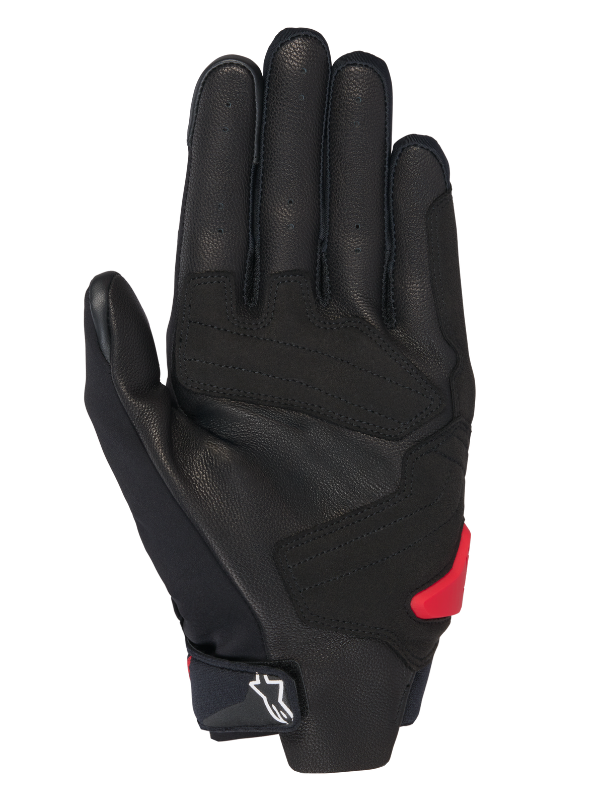 Alpinestars Honda SP X 3 handschoenen, motorhandschoenen, zwart met felrode accenten, handpalmweergave met geperforeerd leer, synthetische overlays voor grip, een rode TPR-palm-slider en een wit Alpinestars-logo op de verstelbare manchet
