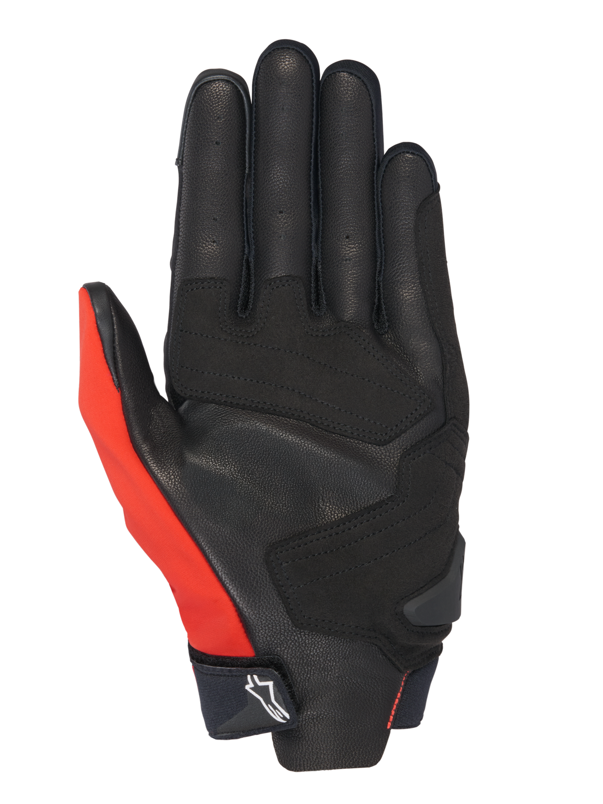 Alpinestars Honda SP X 3 Handschuhe, Motorradhandschuhe, Leuchtend Rot, Schwarz und Weiß, Handflächenansicht mit perforierter Lederkonstruktion, synthetischen Verstärkungen, einem leuchtend roten Daumenelement und einer kompakten Manschette mit Alpinestars-Logo.