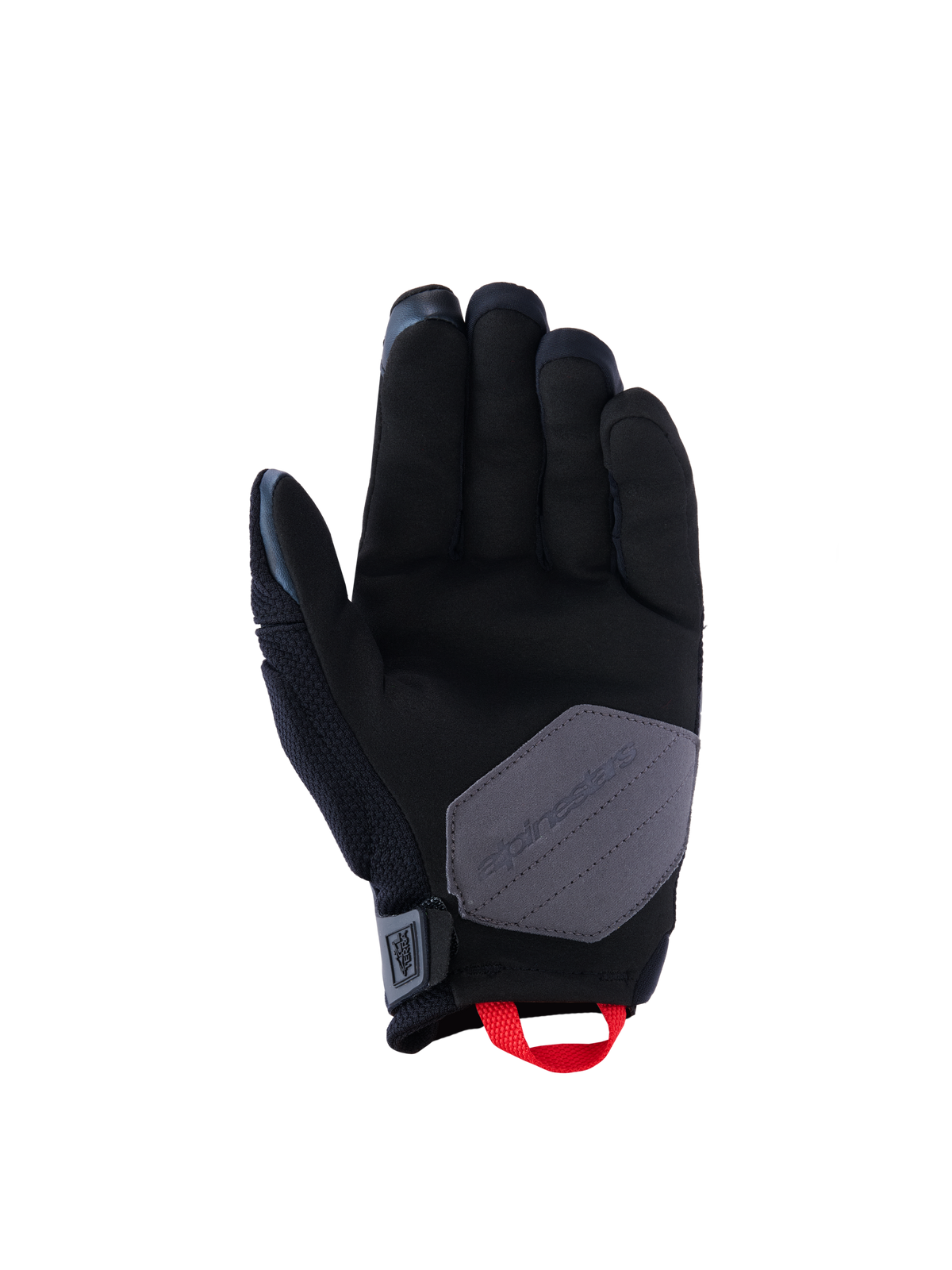Gants Alpinestars Durack, gants de moto, noir, gris foncé et rouge vif, vue de la paume montrant la construction en daim synthétique avec un empiècement de renfort gris et une boucle de tirage rouge vif, équipement de conduite aventure et double sport