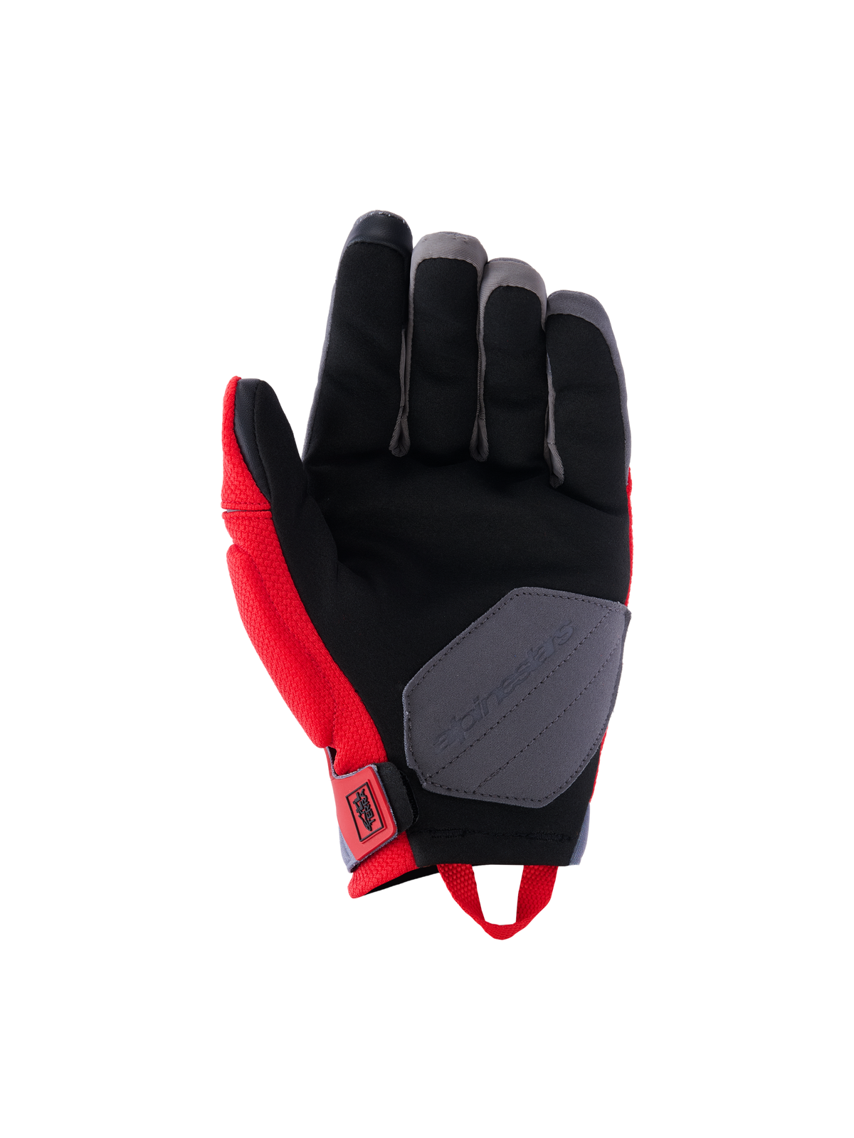 Gants Alpinestars Durack, gants de moto, rouge vif et gris moyen, vue de la paume avec une construction en daim synthétique, paume noire avec empiècement de renfort gris, panneaux latéraux rouges et boucle d'enfilage au poignet
