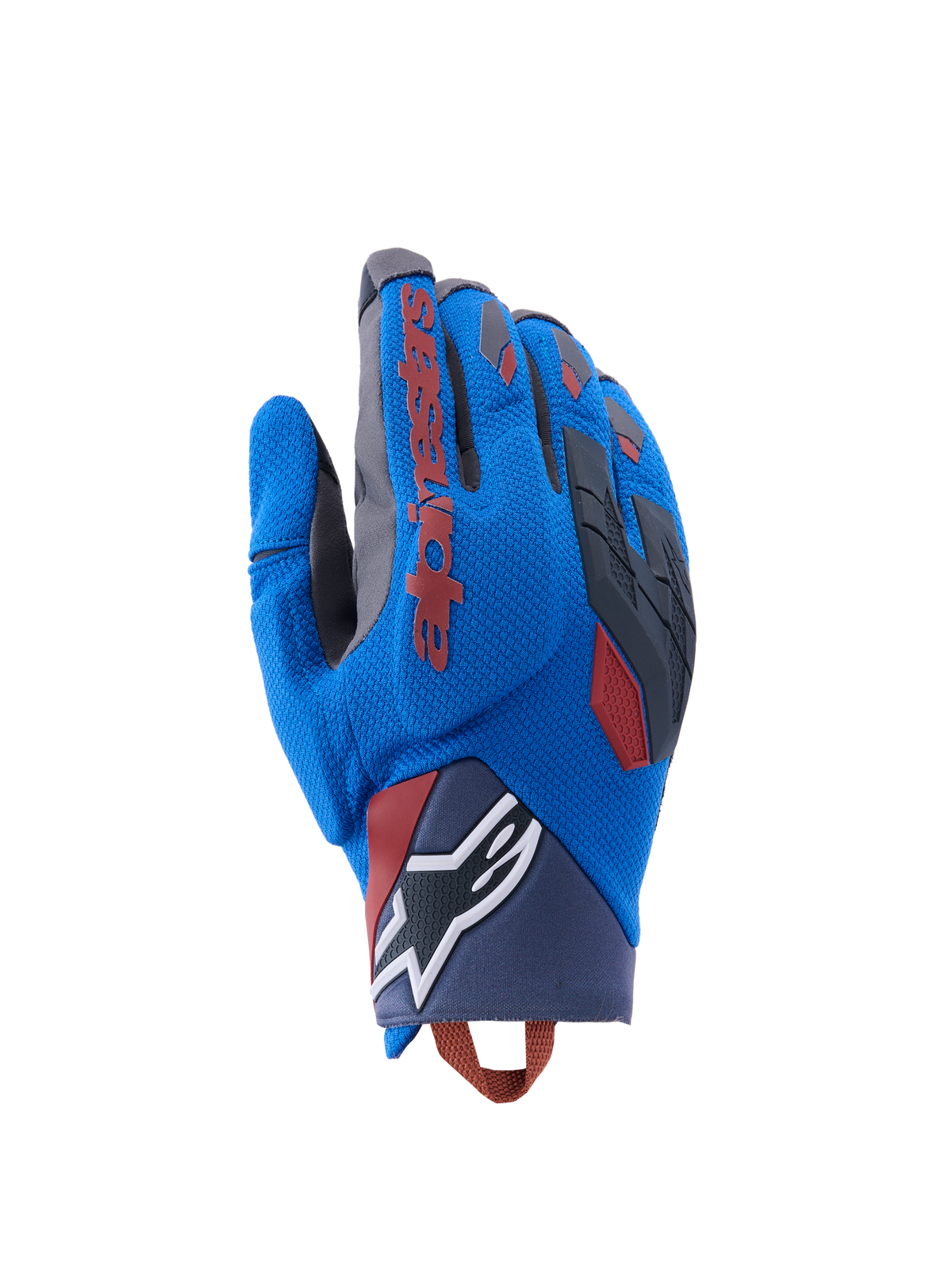 Alpinestars Durack handschoenen, adventure motorhandschoenen, koningsblauw en diepgrijs, textielen handrug met TPR-knokkelbescherming, rood Alpinestars-logo op de wijsvinger, wit ster-logo op de pols, lichtgewicht zomerse dual sport-bescherming