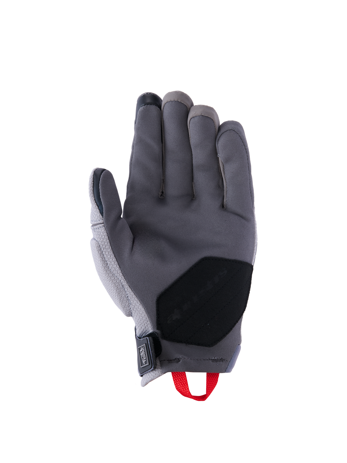 Gants Alpinestars Durack, gants de moto, gris foncé et gris moyen, vue de la paume présentant une construction en suède synthétique avec un empiècement de paume renforcé noir, une boucle de tirage rouge et une fermeture de poignet en néoprène, équipement de conduite aventure à manchette courte