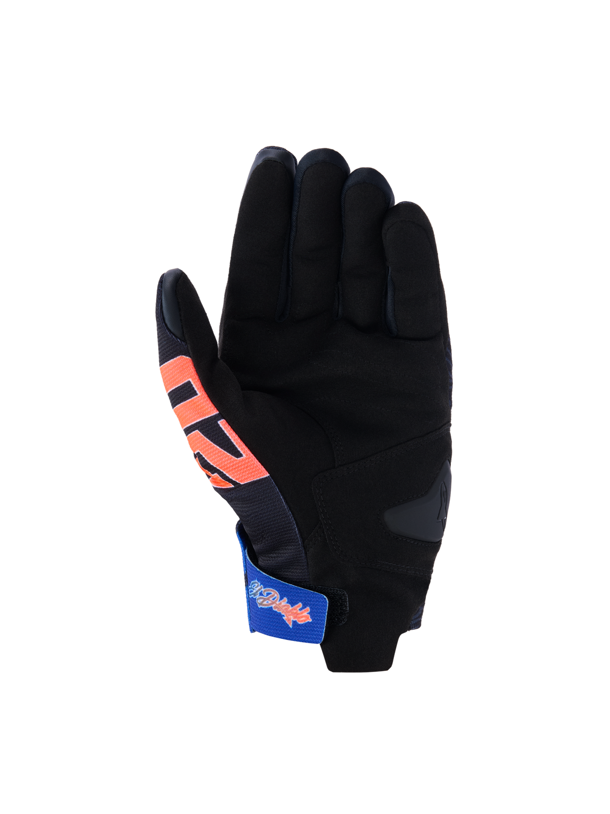 Alpinestars FQ20 Reef V2 Monster Handschuhe, Motorradhandschuhe, Schwarz mit roten und blauen Akzenten, Handflächenansicht mit synthetischem Wildleder, gepolsterter Verstärkung und einem blauen verstellbaren Handgelenksriemen mit Grafiken, kurzes Renn- und Sportdesign