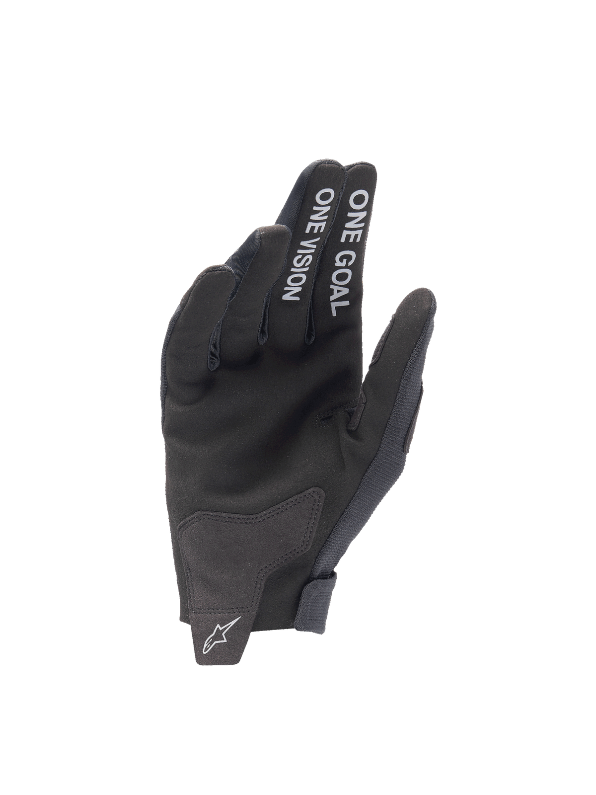 Alpinestars Radar handschoenen 2025, zwarte motocrosshandschoenen met suède handpalm en One Goal One Vision tekst.
