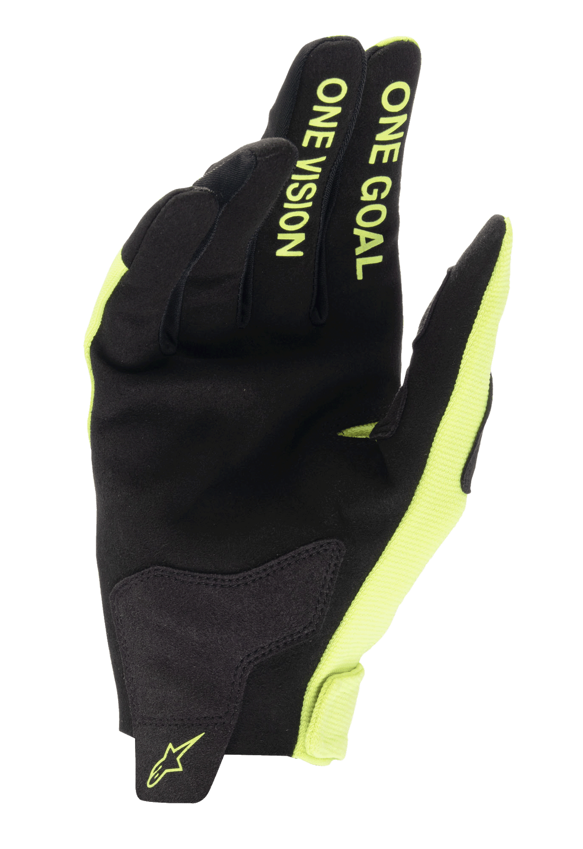 Alpinestars 2025 Radar Motocross Gloves, Yellow Fluo and Black, synthetic suede palm with One Goal One Vision finger text.