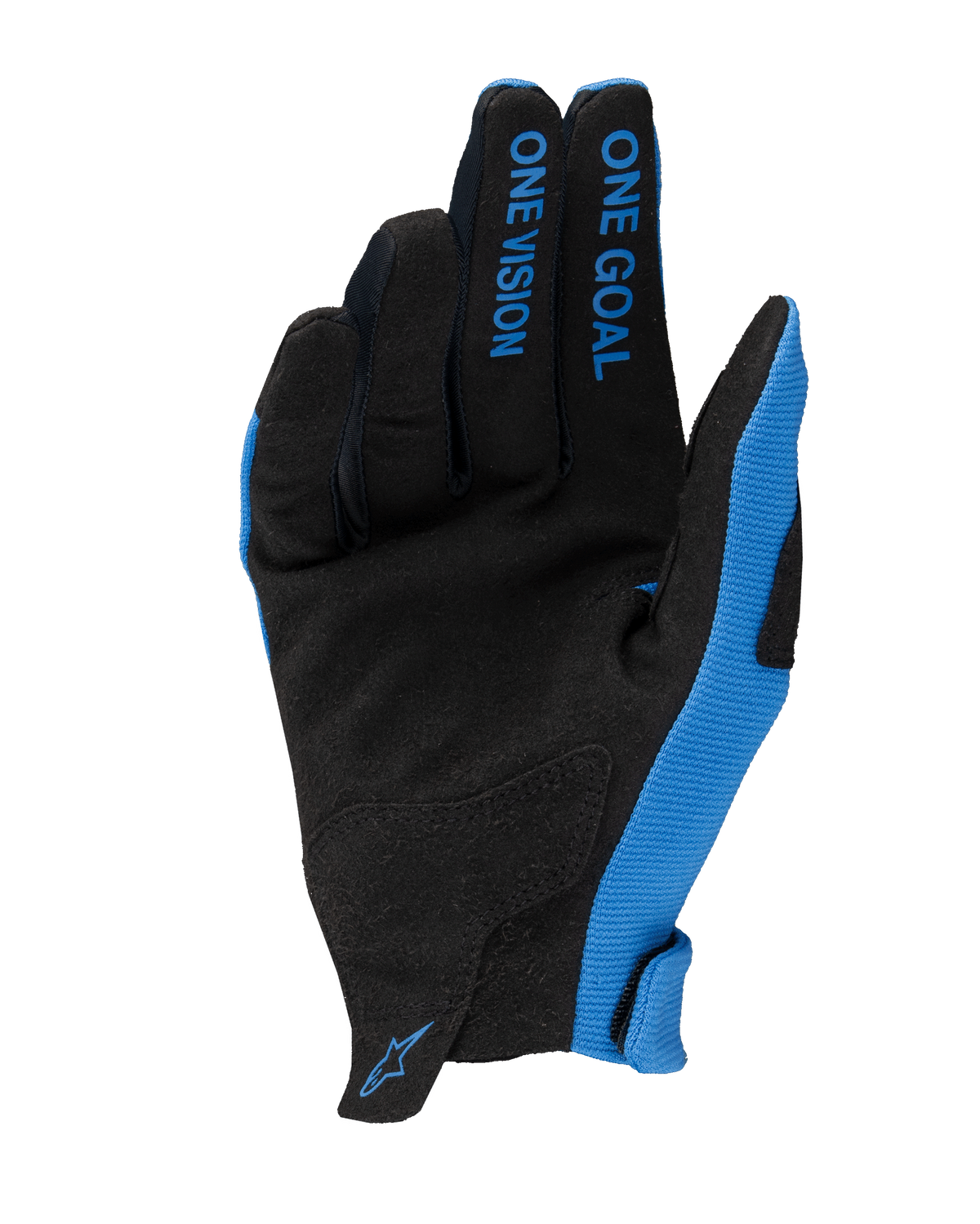 Alpinestars 2025 Radar handschoenen, motorcrosshandschoenen, blauw en zwart, zicht op de handpalm met synthetisch suède, 'ONE GOAL ONE VISION' tekst op de vingers, blauwe zijpanelen en klein logo op de pols, lichtgewicht off-road raceontwerp