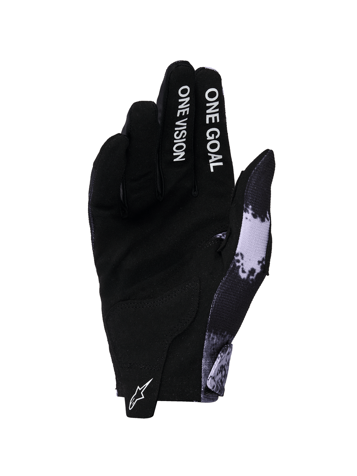 Alpinestars 2026 Radar handschoenen, motorcross handschoenen, Iron Camo en zwart, handpalmweergave met synthetische suède constructie, 'ONE GOAL ONE VISION' tekst op de vingers, wit Astars-logo op het treklipje, strak off-road prestatieontwerp