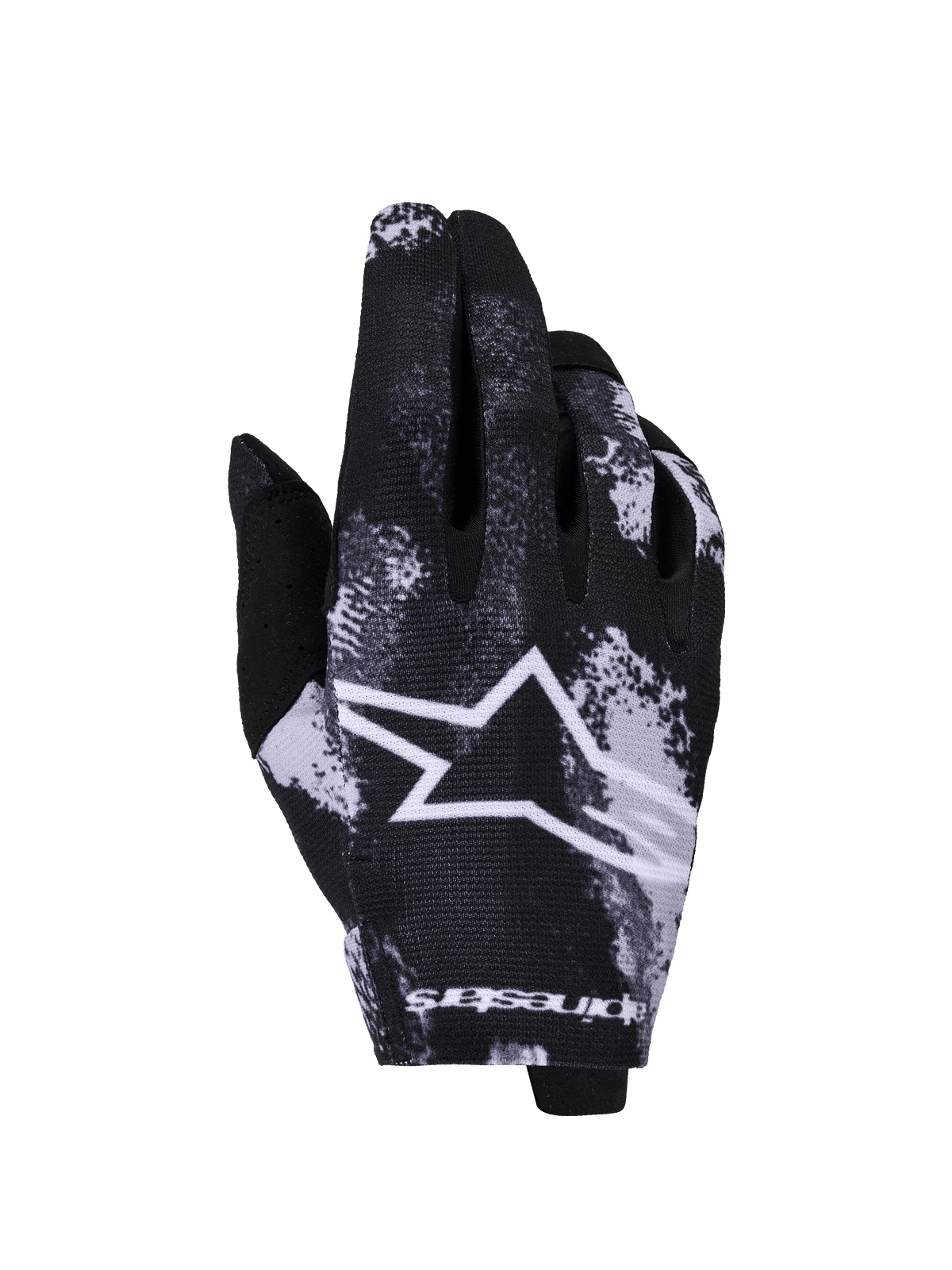 Alpinestars 2026 Radar handschoenen, motorcross handschoenen, Iron Camo zwart en wit, met een groot wit sterlogo, gesublimeerd camouflagepatroon, lichtgewicht stretchstof voor off-road racen