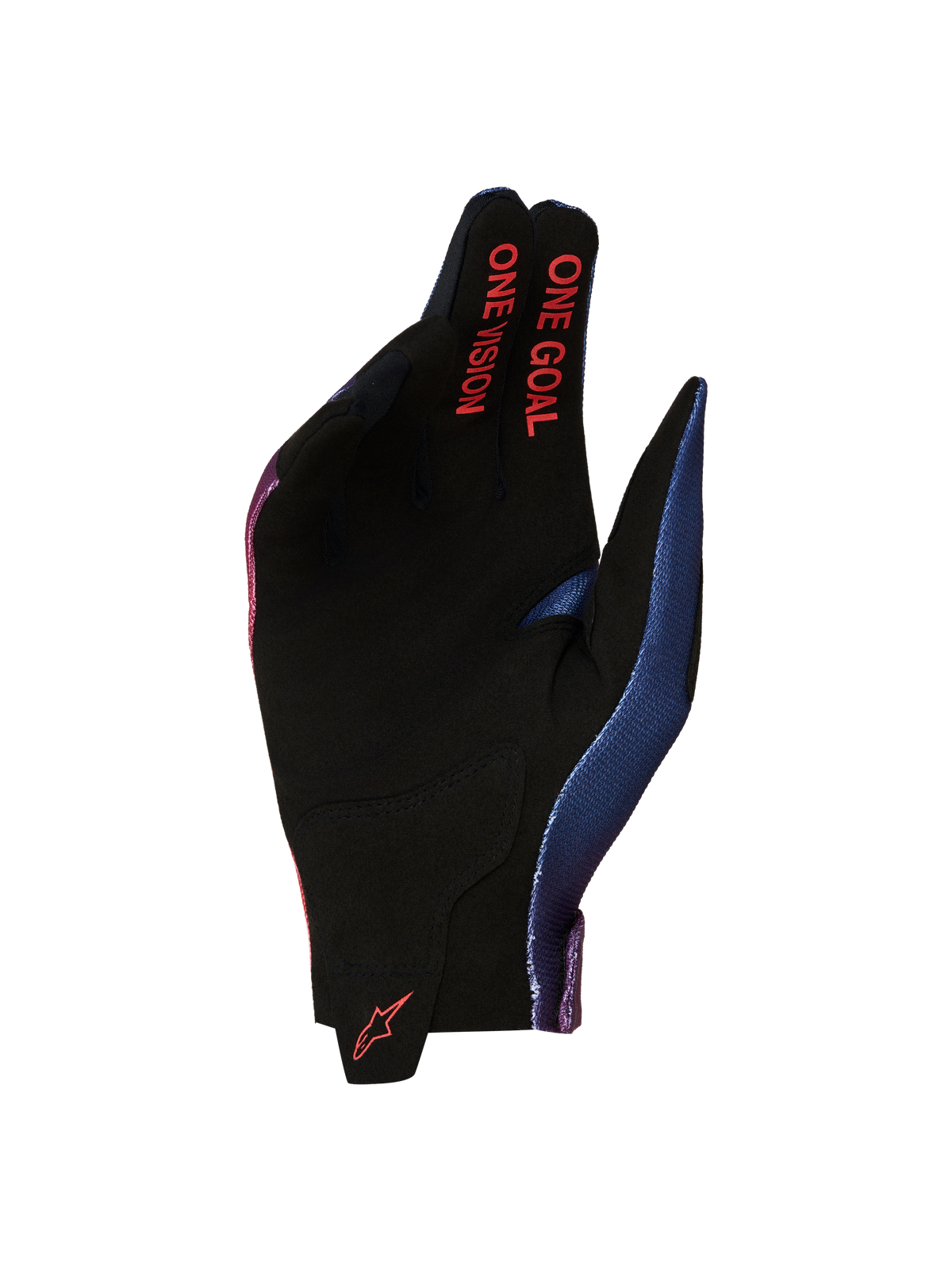 Gants Alpinestars Radar 2027, gants de motocross pour homme, noirs et rouges, paume en suède synthétique avec marquage One Goal One Vision sur les doigts