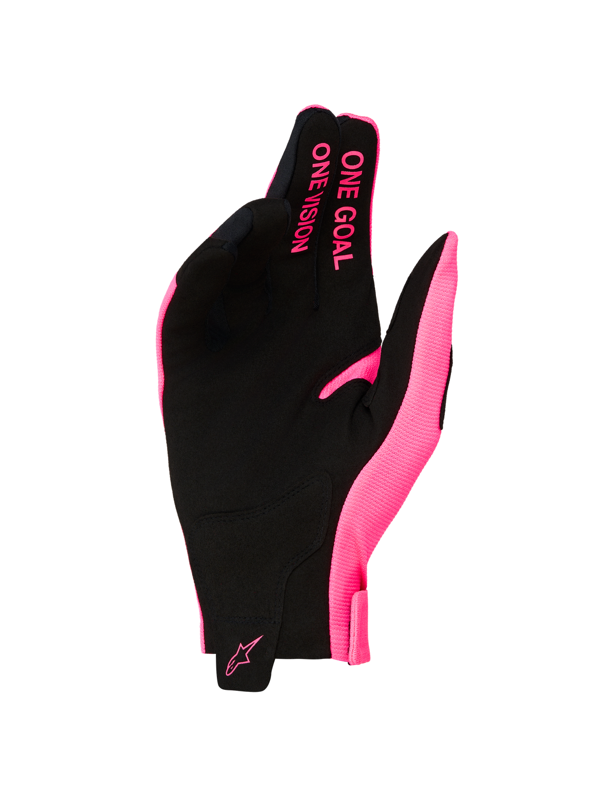 Alpinestars Radar 2027, gants de motocross homme, rose fluo et noirs, paume en suède synthétique, slogan ONE GOAL ONE VISION