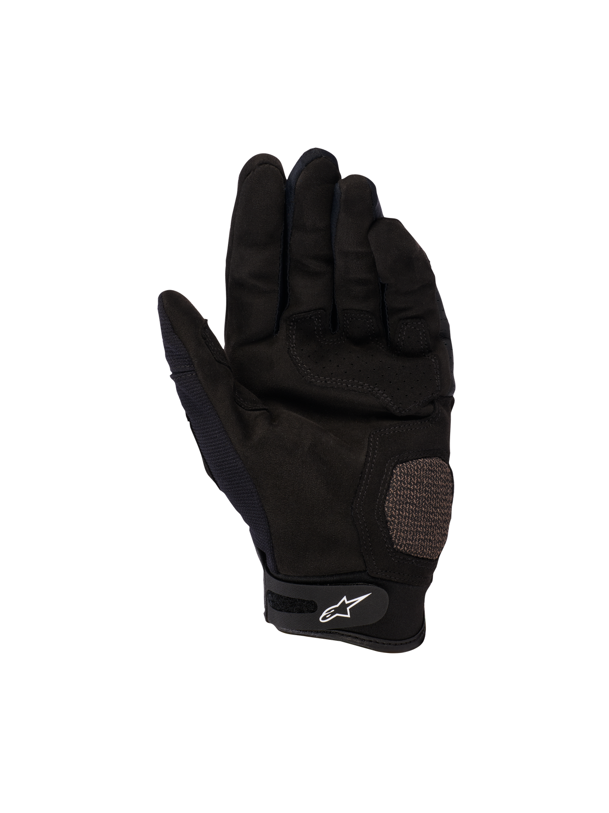 Alpinestars Megawatt V2 Handschuhe, Motocross- und Enduro-Handschuhe, Schwarz, Handflächenansicht mit verstärkten Handflächen- und Daumenbereichen, perforierte Textur zur Belüftung, Klettverschluss am Handgelenk mit weißem Alpinestars-Logo