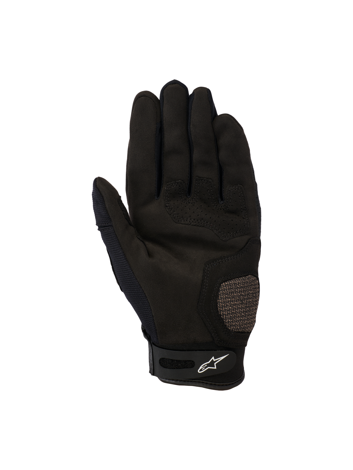 Gants Alpinestars Megawatt V2, gants de motocross et d'enduro, noir, vue de la paume présentant des zones renforcées au pouce et à la paume, des détails perforés pour la circulation de l'air et une fermeture velcro au poignet avec le logo Alpinestars