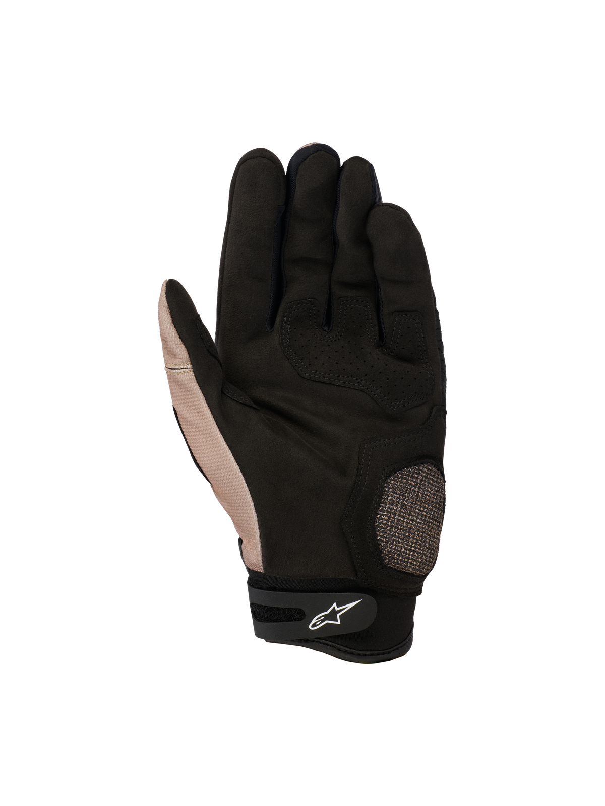 Gants Alpinestars Megawatt V2, gants de motocross tout-terrain, Stone Black, vue de la paume montrant les zones renforcées du pouce et de la paume, grip texturé et ajustement du poignet par Velcro avec le logo Alpinestars blanc.