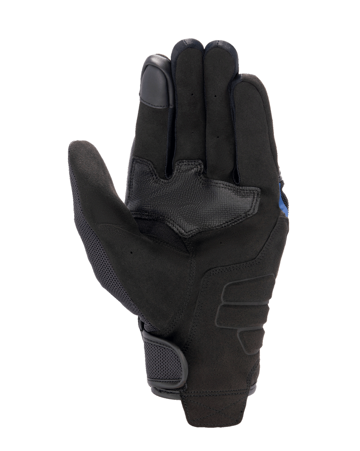 Gants Alpinestars FQ20 Copper, gants de moto urbains, noirs, vue de la paume présentant un matériau en daim synthétique, un patch de renforcement de l'adhérence texturé, un empiècement en mesh sur le pouce et une fermeture de poignet par crochet et boucle.