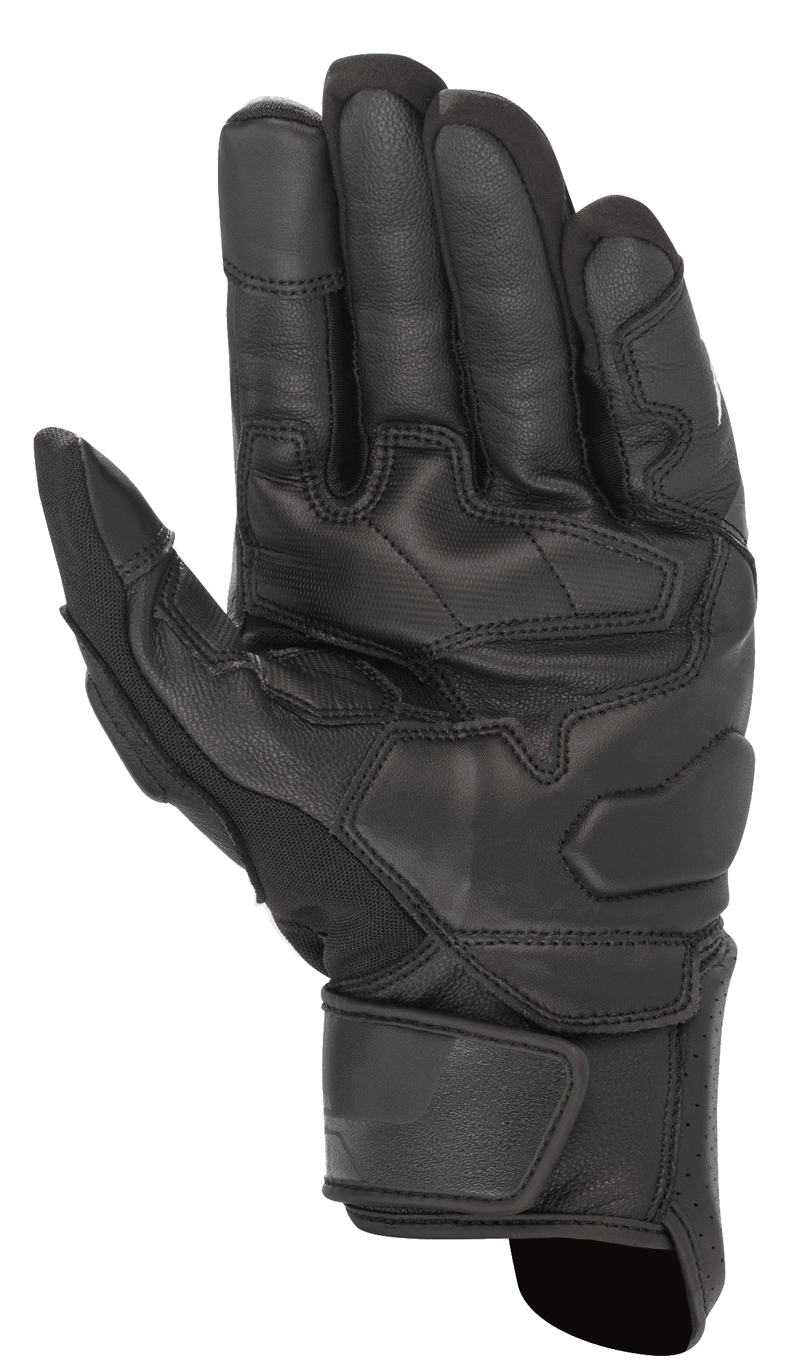 Alpinestars Booster V2 Handschuhe, Schwarz, Handflächenansicht des Motorradhandschuhs zeigt die strapazierfähige Lederkonstruktion, verstärkte Grip-Panels an Handfläche und Daumen sowie einen verstellbaren Handgelenkverschluss.