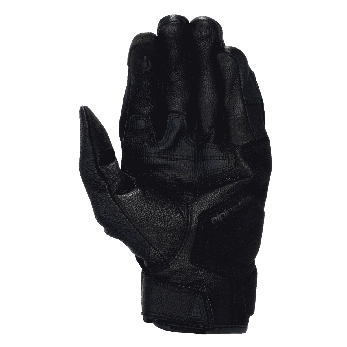 Alpinestars Celer V3 Handschuhe, schwarze Motorradhandschuhe aus Ziegenleder, Handflächenansicht mit Touchscreen-Zeigefinger.