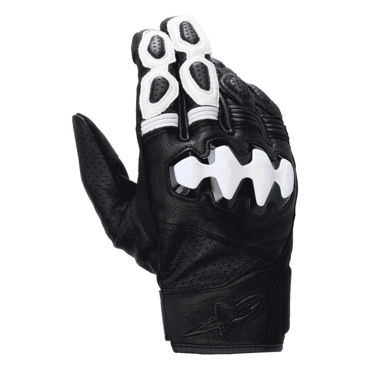 Alpinestars Celer V3 Handschuhe, kurze Motorradhandschuhe, Schwarz und Weiß, Ziegenleder mit segmentiertem Knöchelprotektor.