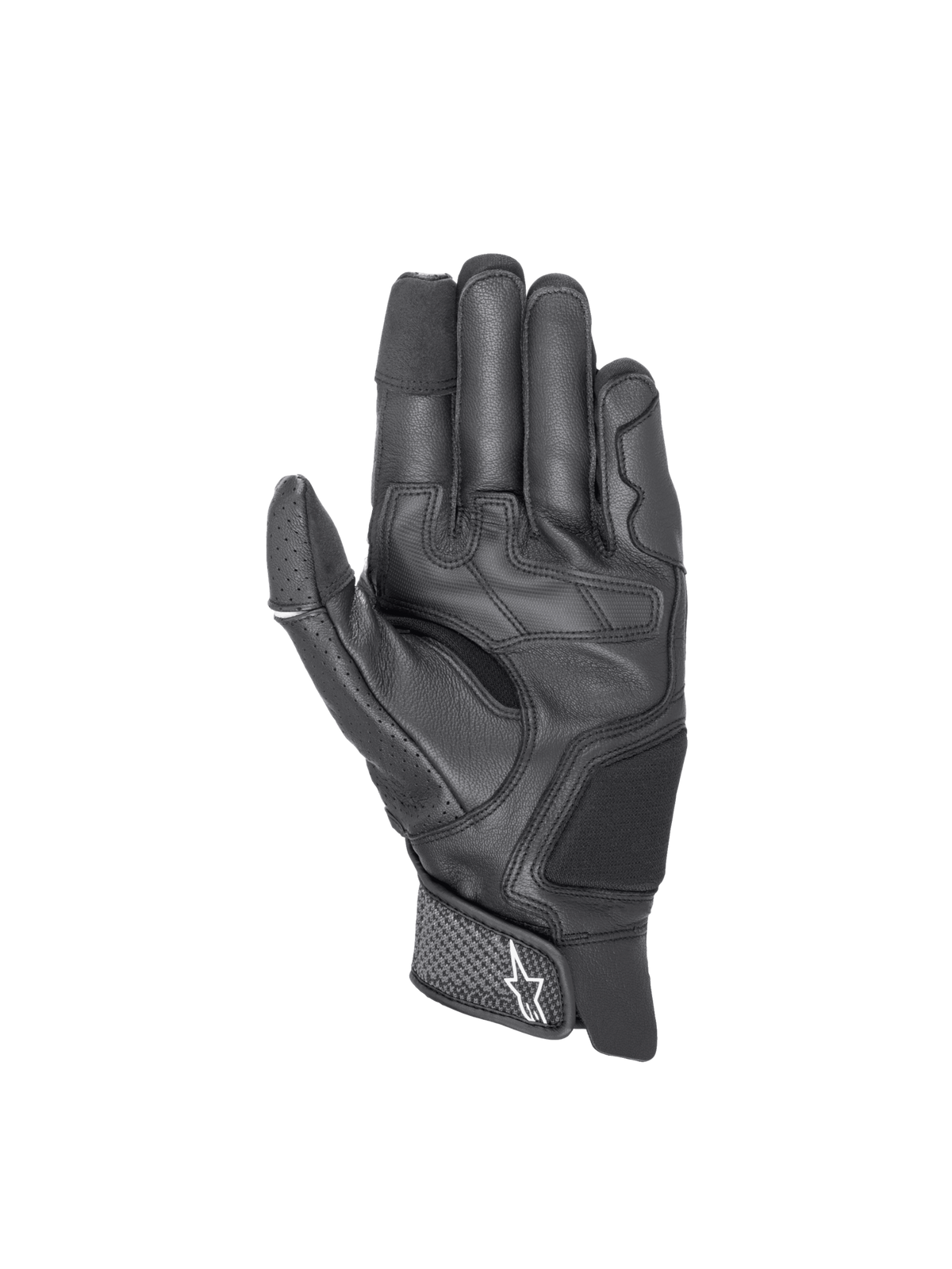 Alpinestars Morph Sport Handschuhe, schwarze Motorrad-Sporthandschuhe aus Leder und Textil mit Touchscreen-Fingerspitzen.