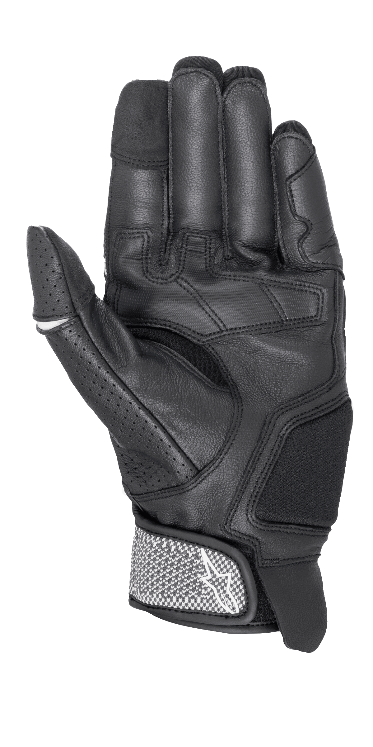 Alpinestars Morph Sport Handschuhe, Motorradhandschuhe, Schwarz und Weiß, Innenhandansicht mit verstärkten Einsätzen, perforiertem Daumen und strukturiertem Handgelenkriemen mit Alpinestars-Logo