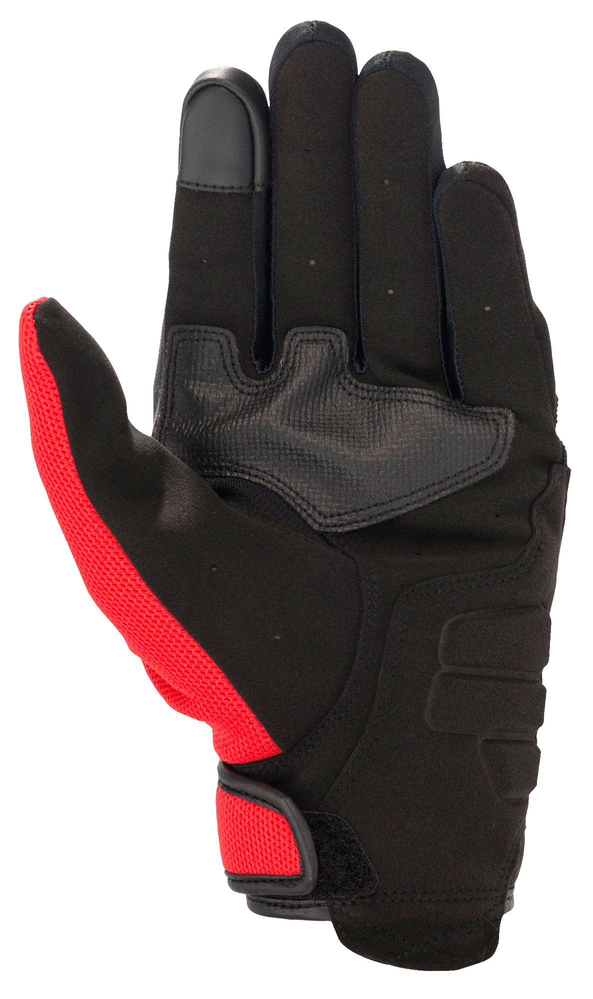 Alpinestars Honda Copper Handschuh, urbaner Motorradhandschuh, Schwarz mit leuchtend roten Akzenten, Handflächenansicht mit vollsynthetischem Wildleder, verstärkter Handflächenbesatz, Touchscreen-kompatible Fingerspitze und Klettverschluss.