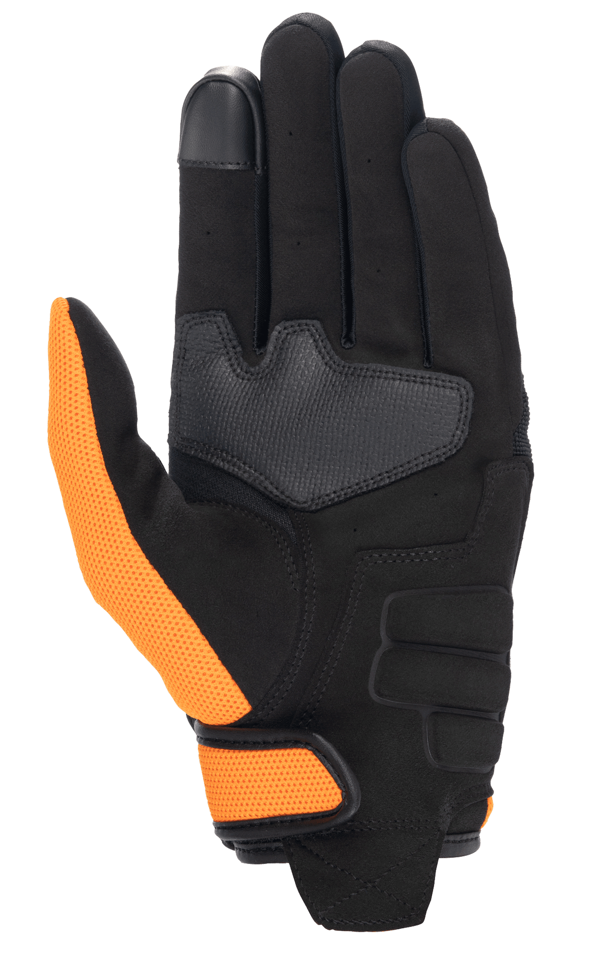 Gant Honda Copper, gant de moto, noir et orange, vue de la paume présentant une paume en daim synthétique, un pouce et une sangle de poignet en maille orange, et le bout de l'index compatible avec les écrans tactiles.
