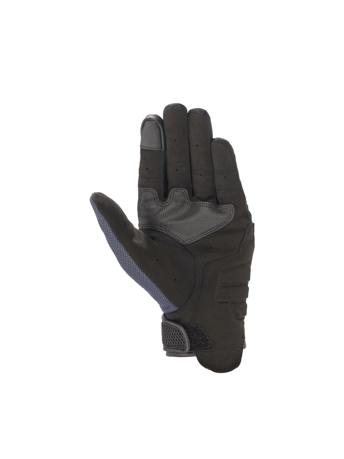 Gants Alpinestars Copper, gants de moto urbains noirs et bleus, paume en daim synthétique et index tactile.