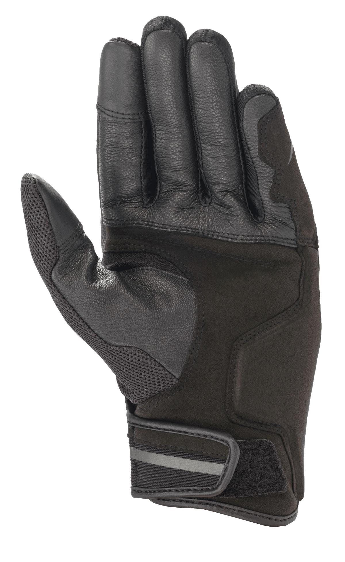 Alpinestars Chrome handschoenen, motorhandschoenen, Black Forest kleurstelling, aanzicht van de handpalm met constructie van versterkt leer en synthetisch suède, mesh paneel op de duim en korte manchet met verstelbare klittenbandsluiting en reflecterend detail.