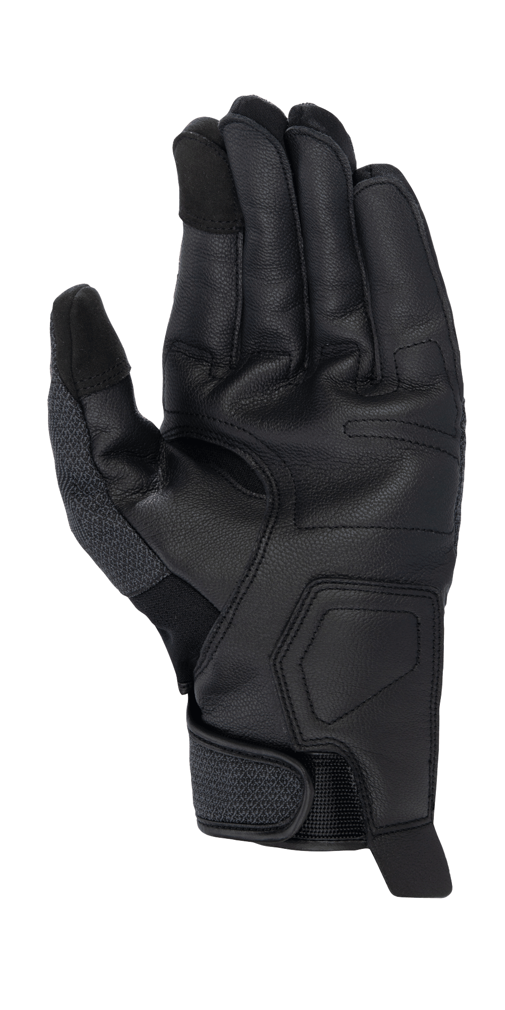 Alpinestars Morph Street Handschuhe, Schwarz, Handflächenansicht eines Motorradhandschuhs mit kurzer Stulpe, zeigt die strukturierte Lederinnenhand, touchscreen-kompatible Fingerspitzen und verstellbarer Handgelenkverschluss, urbane Fahrausrüstung
