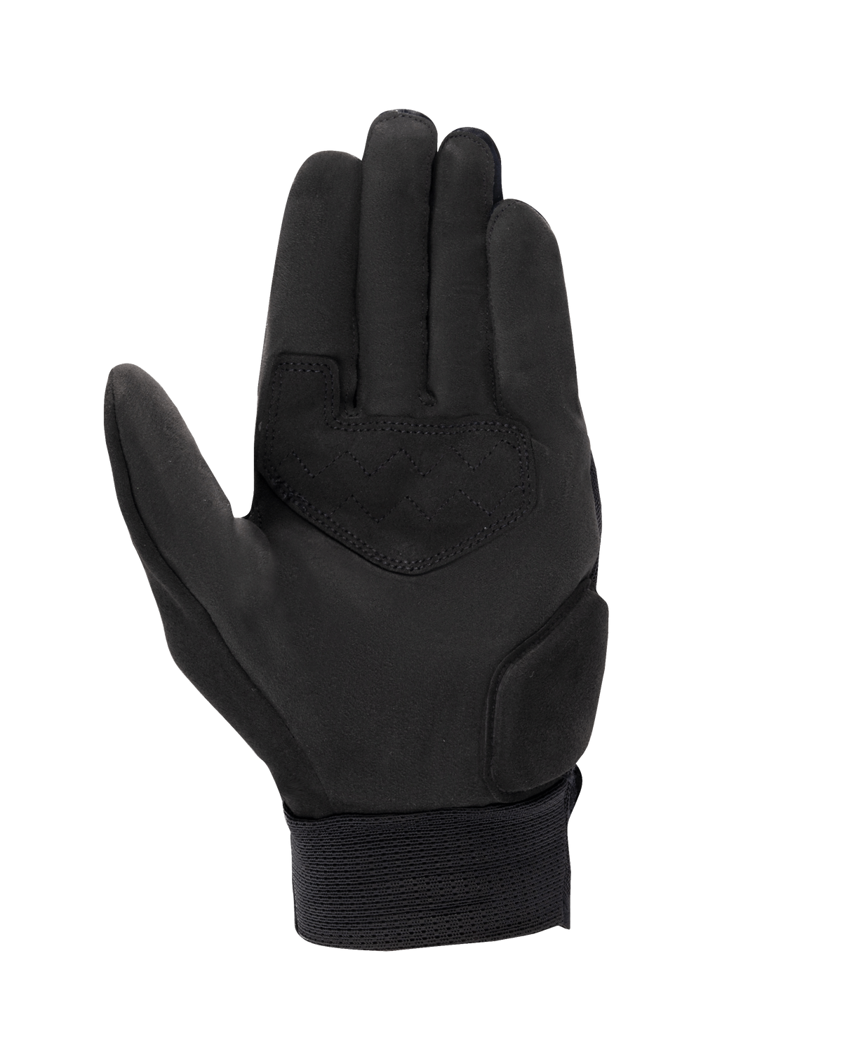 Alpinestars Stated Air Handschuhe, Motorradhandschuhe, Schwarz, Handflächenansicht mit synthetischer Wildlederkonstruktion, verstärktem Handflächenbesatz mit Zickzack-Nähten und geripptem elastischem Handgelenksbündchen, urbane Sommer-Fahrausrüstung