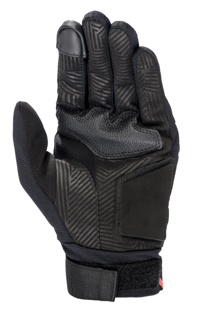Gants Alpinestars Aragon, vue de la paume, noir, gant de moto avec paume en daim synthétique à motif labyrinthe thermo-imprimé, zone de préhension en caoutchouc, index tactile et sangle de poignet réglable