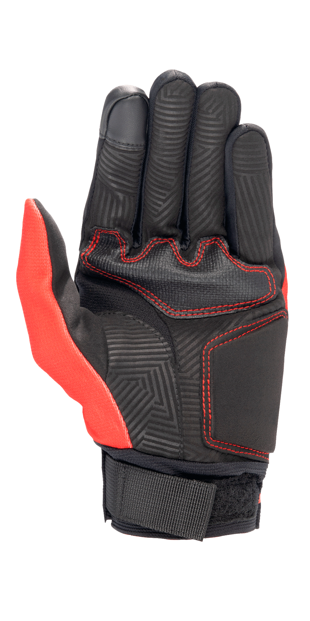 Alpinestars Aragon handschoen in helderrood en zwart, binnenzijde toont synthetisch suède constructie, rood contraststiksel, doolhofpatroon hitte stempel op de vingers en handpalm, en een zwarte webbing polsband.