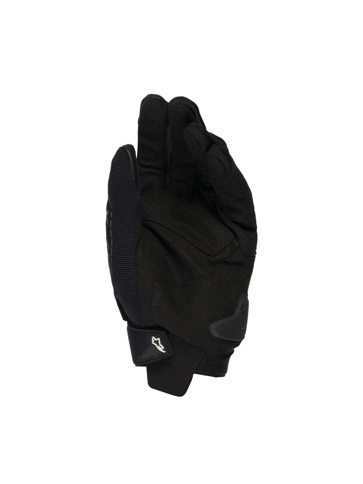 Alpinestars SP X 1 handschoenen, zwart, zicht op de handpalm met synthetisch leer voor grip, TPR palm slider voor impactbescherming, verstelbare manchet met wit Alpinestars logo, sportieve motoruitrusting