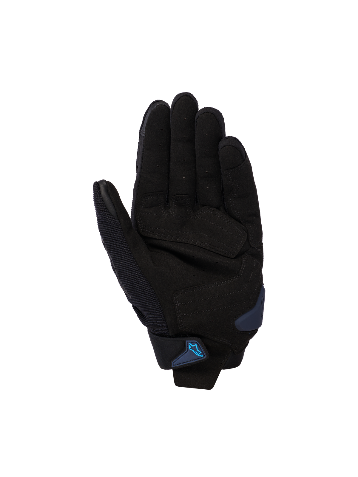 Alpinestars SP X 1 Gloves, Black and Blithe Blue, palm view showing synthetic leather palm with reinforced strike zones, blue palm slider, and wrist strap with blue Alpinestars logo, sport motorcycle road gear