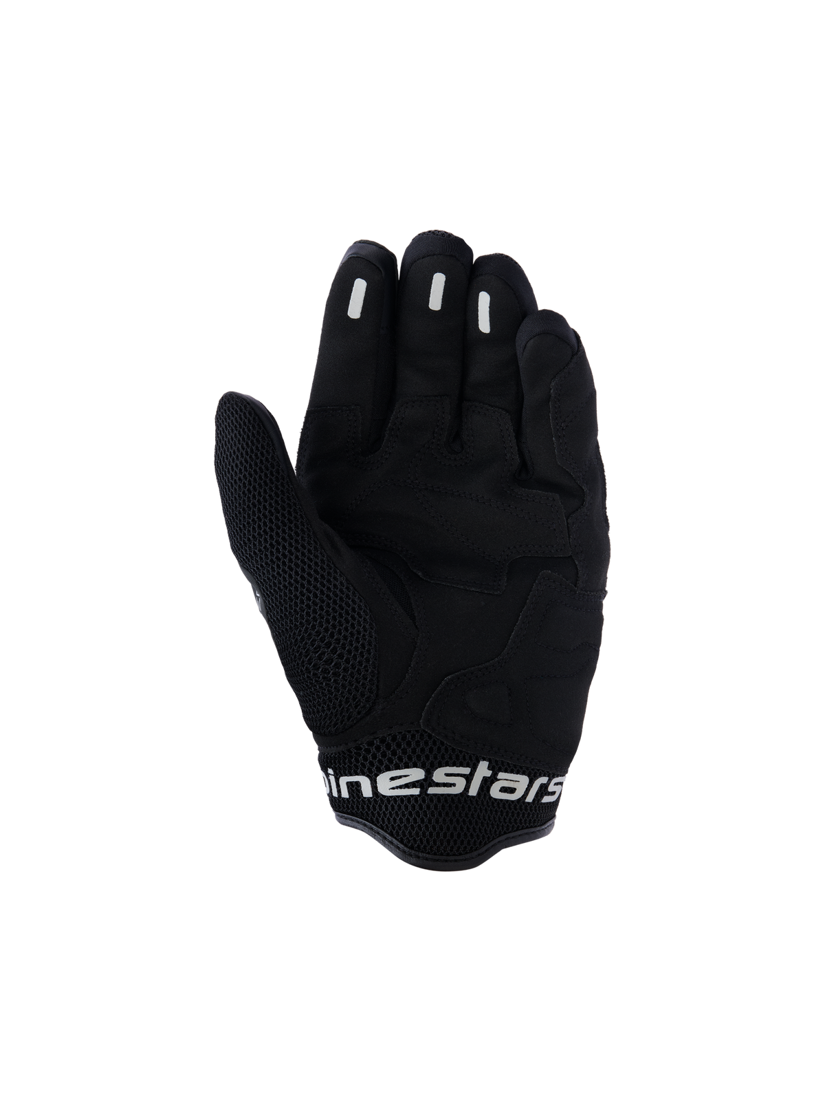 Alpinestars Mogress Airflow-handschoenen, urban motorhandschoenen, Anthracite Black, handpalmaanzicht met synthetische versterkingen en 3D-mesh-zones, siliconen grip-inzetstukken op de vingers, korte manchet met witte branding