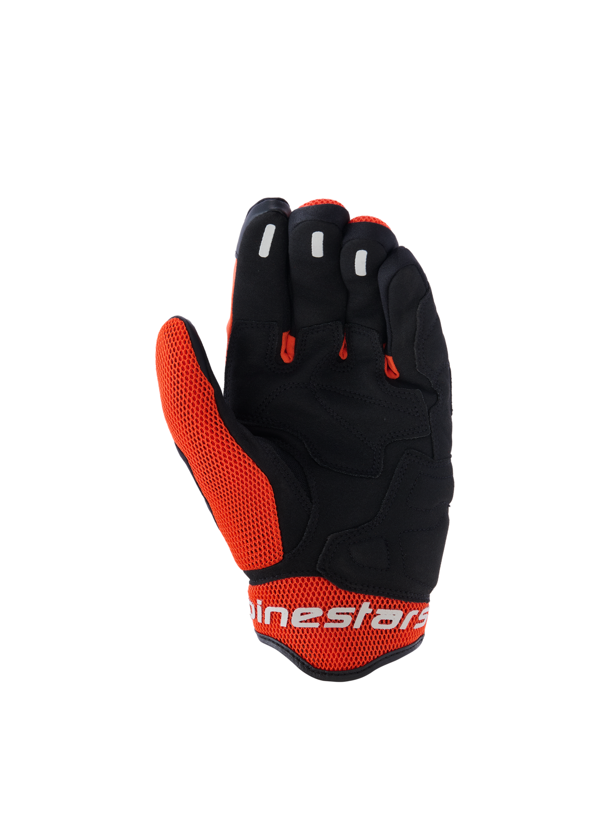 Alpinestars Mogress Airflow Handschuhe, Motorradhandschuhe, Schwarz und Tangerine, Innenhandansicht mit schwarzer Synthetik-Konstruktion und orangefarbenen Mesh-Einsätzen, Silikon-Grip an den Fingerspitzen, weißes Alpinestars-Logo am Bündchen, urbanes Design für Sommerfahrten