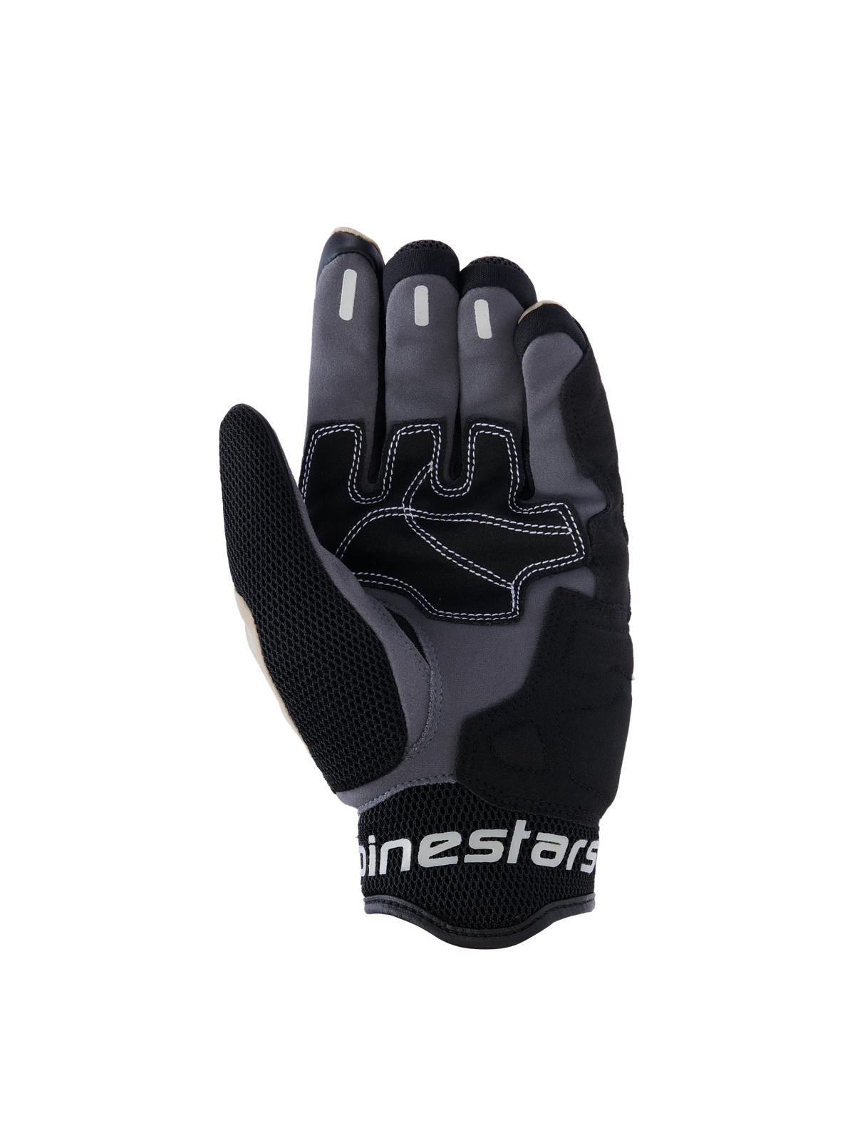 Alpinestars Mogress Airflow Handschuhe, Urban-Motorradhandschuhe, Aluminum Black und Grau, Handflächenansicht mit synthetischen Verstärkungen und weißen Kontrastnähten, Silikon-Grip-Zonen an den Fingern und atmungsaktivem 3D-Mesh-Bündchen mit weißem Alpinestars-Branding.