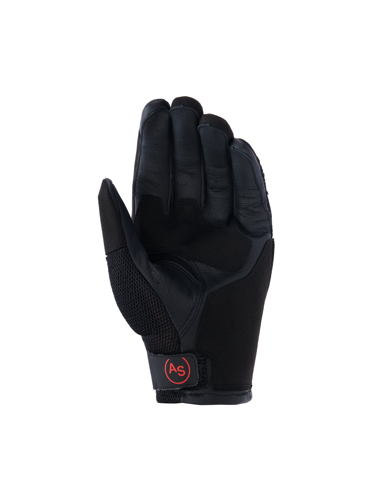 Gants Alpinestars Manti Air, gants de moto aventure, noir, vue de la paume avec paume en cuir renforcée, mesh respirant sur le pouce et logo circulaire rouge « AS » sur la fermeture du poignet.