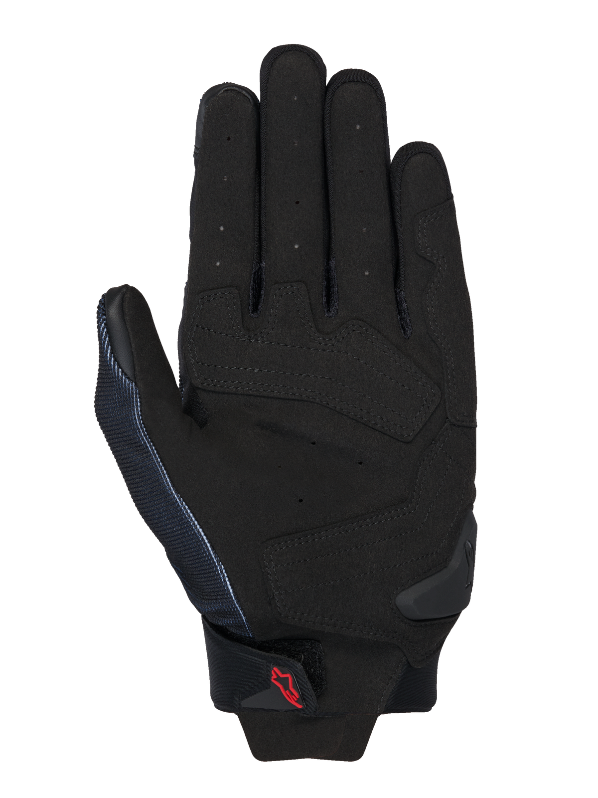 Alpinestars MM93 Spx 1 Handschuhe, Schwarz, Innenhand-Ansicht mit synthetischer Lederkonstruktion, verstärkten Aufprallzonen, perforierten Fingern für Belüftung, TPR-Handflächenschieber und kleinem rotem Alpinestars-Logo am Handgelenkriemen.