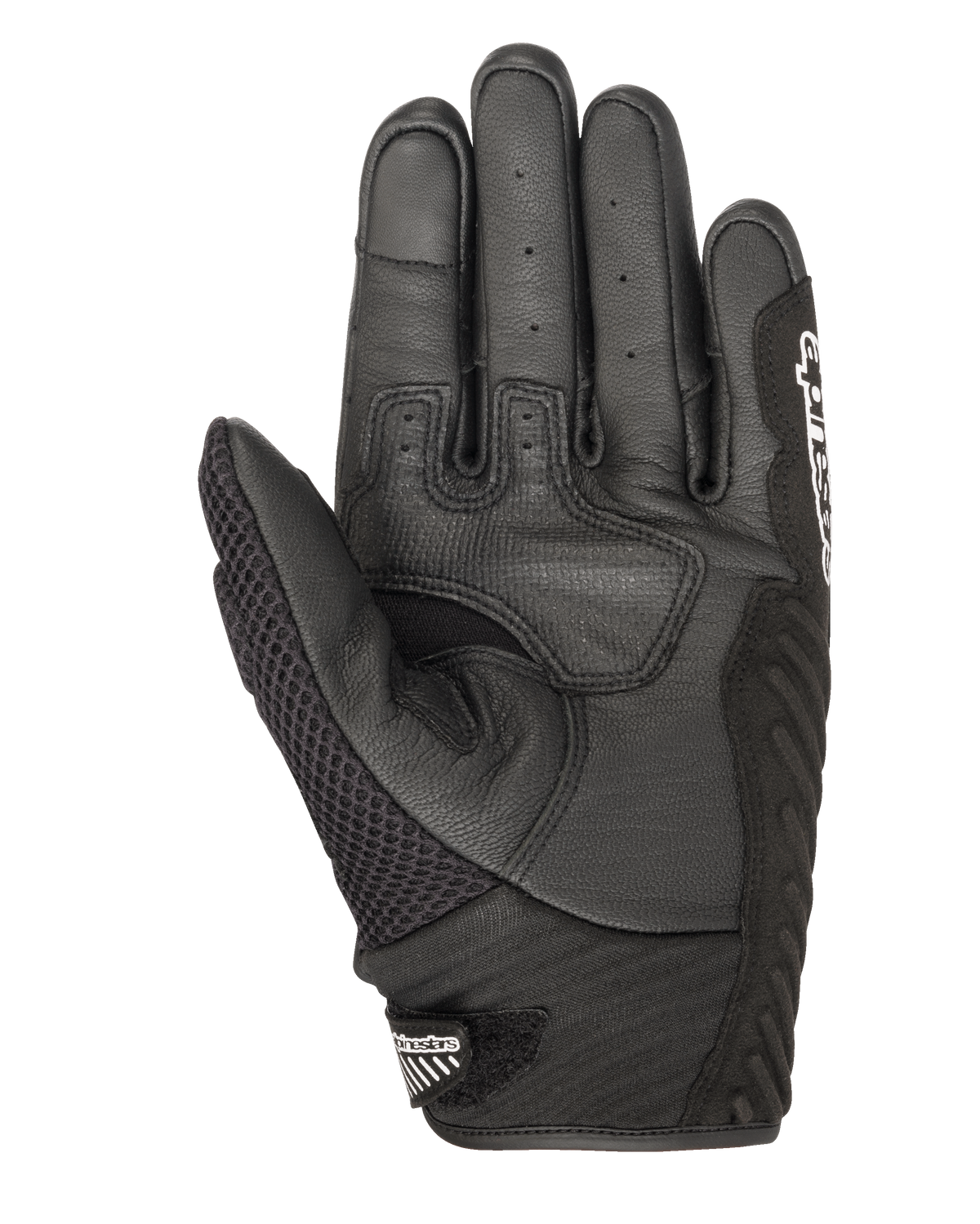 Gants Alpinestars SMX-1 Air V2, gants de moto, noirs, vue de la paume montrant la construction en cuir perforé et maille aérée, zones de préhension renforcées, manchette courte avec logo Alpinestars sur la fermeture