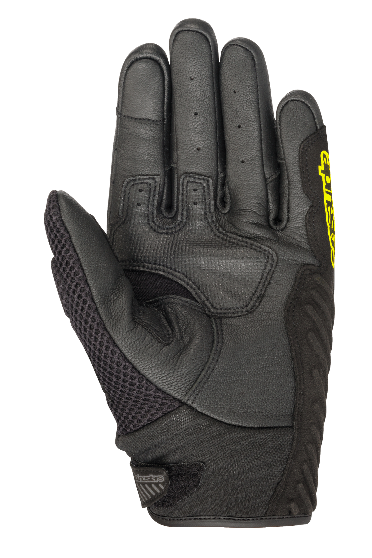 Alpinestars SMX-1 Air V2 Handschuhe, Kurzstulpen-Motorradhandschuhe, Schwarz und Gelb Fluo, Handflächenansicht mit perforierten Lederfingern, Mesh-Daumenpanel und verstärkter Grip-Zone, entwickelt für sommerliche Straßenfahrten