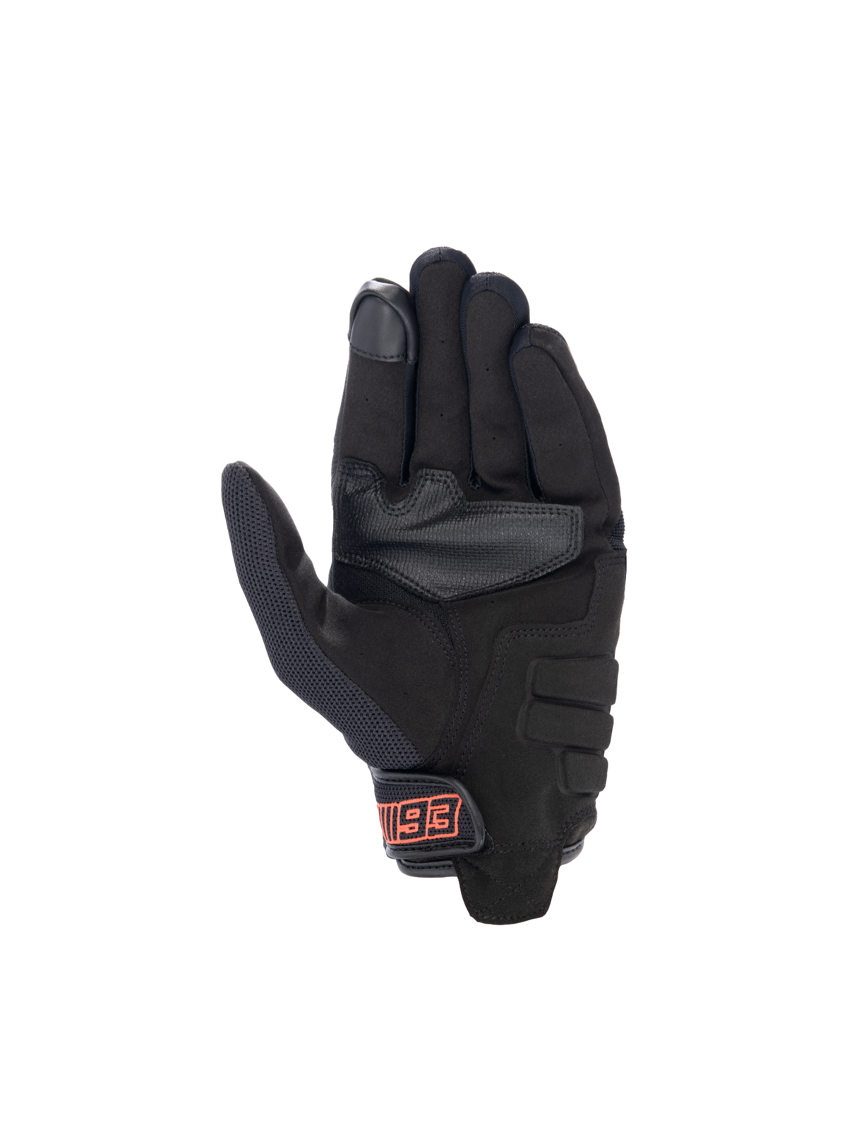 MM93 Losail V2 Handschuhe, Urban-Motorradhandschuhe in Schwarz und Rot, Handflächenansicht aus synthetischem Wildleder.