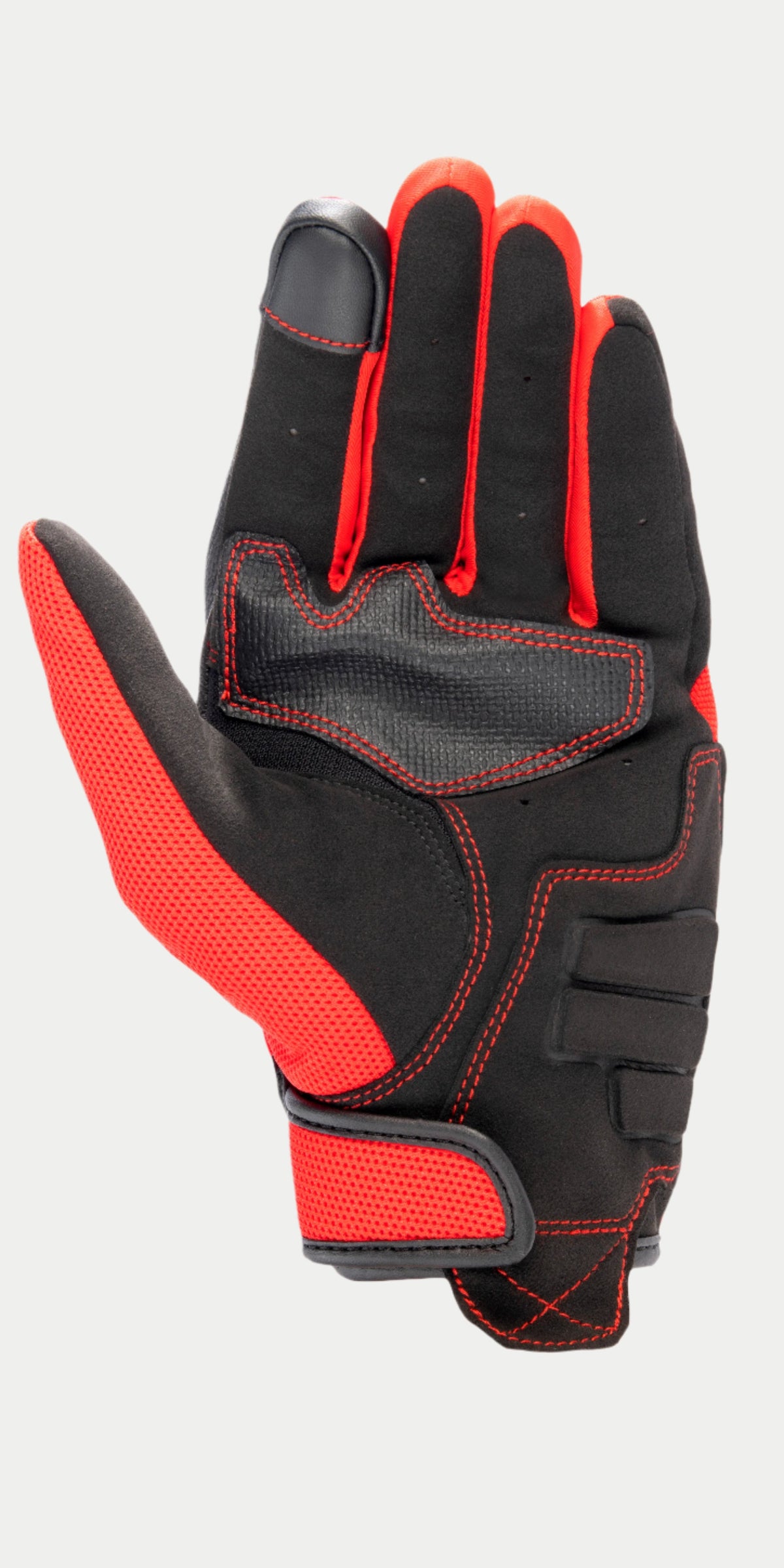 Gant Alpinestars MM 93 Losail V2, gant de moto, noir et rouge vif, vue de la paume présentant une construction en suède synthétique, coutures rouges renforcées, bout du doigt compatible avec les écrans tactiles, et maille rouge respirante sur le pouce et la sangle du poignet.