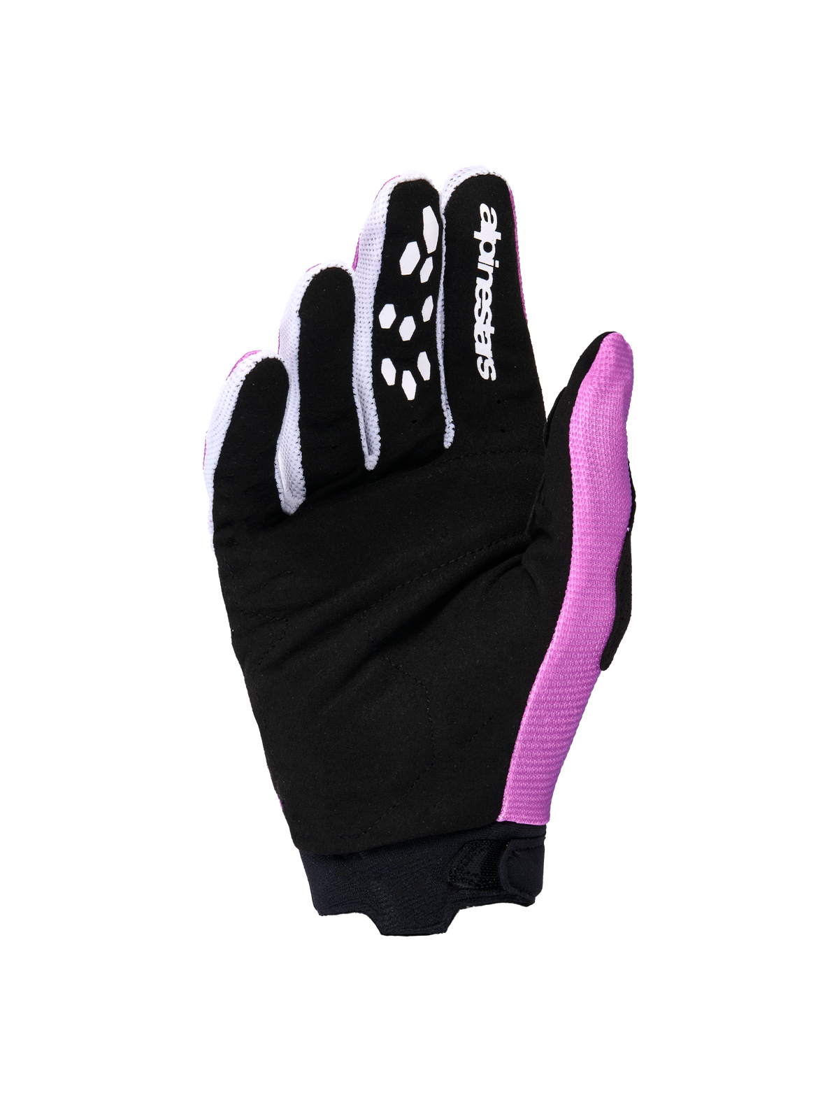 Alpinestars 2026 Stella Full Bore V2 Handschuhe für Damen, Handflächenansicht in der Farbkombination Violett, Weiß und Schwarz, mit einer verstärkten Handfläche aus schwarzem synthetischem Wildleder, weißem Alpinestars-Logo auf dem Zeigefinger und Silikon-Gripmustern, entwickelt für Motocross-Performance.