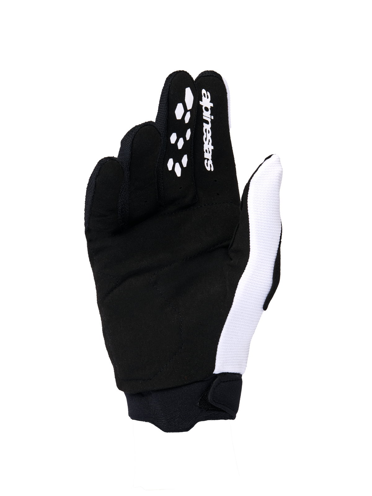 Gants Alpinestars Stella Full Bore V2 Femme 2026, gants de motocross, vue de la paume en blanc et noir, avec construction en suède synthétique, motifs d'adhérence en silicone sur les doigts pour le contrôle des leviers, logo blanc et poignet en néoprène sécurisé.