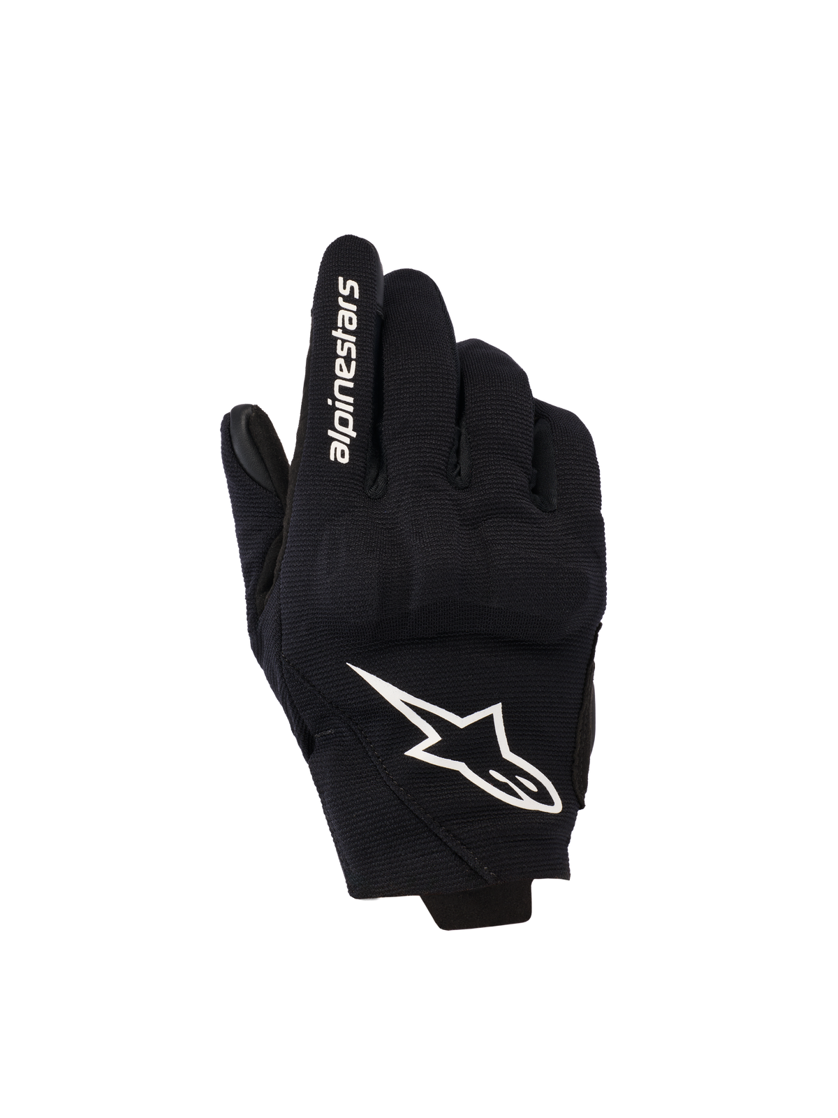 Alpinestars Reef Femme V2, gants de moto à manchette courte, noirs et blancs, dos en textile avec protection des articulations en TPU 3D, logo étoile blanc et marquage sur l'index