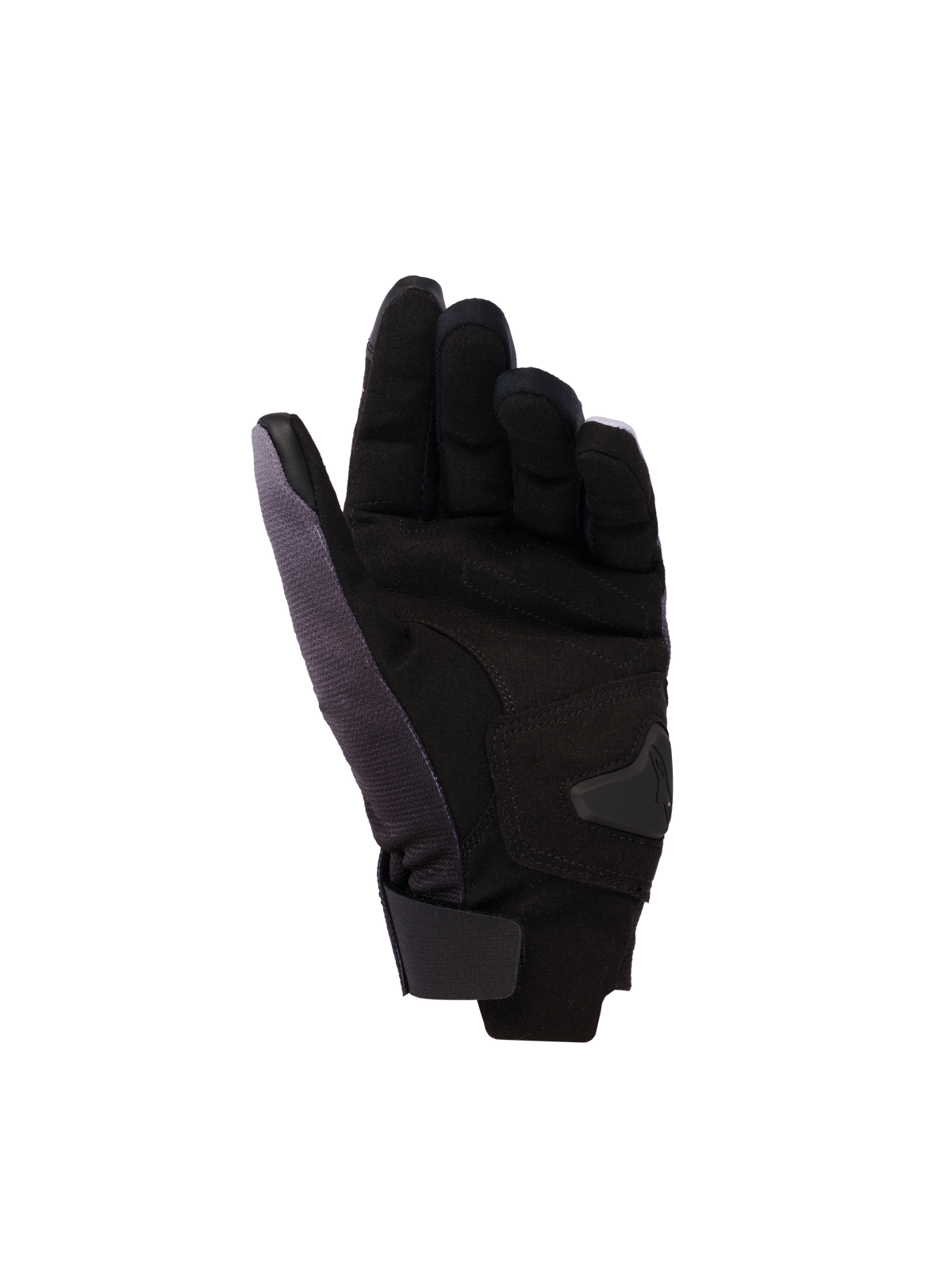 Alpinestars Reef Women's v2 Gloves, Women's Motorcycle Gloves, Gray Black Pink Fluo, palm side view featuring synthetic suede with padded reinforcements, short cuff with hook-and-loop closure, and conductive leather on index and thumb for touchscreen functionality