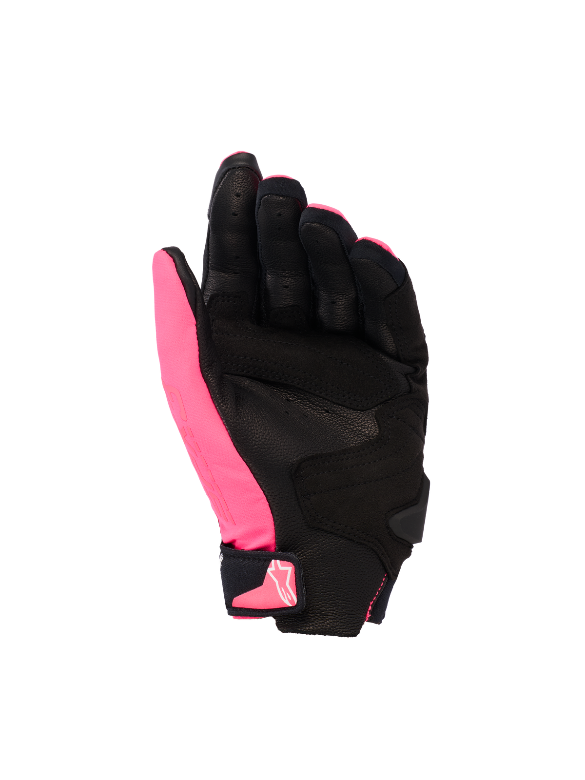 Alpinestars Stella SP X 3 handschoenen, dames motorhandschoenen, Diva Pink Black White, handpalmaanzicht met geperforeerd leer en synthetische overlays, zwarte handpalm met roze duim, klittenbandsluiting bij de pols met roze logo, ergonomisch sportontwerp