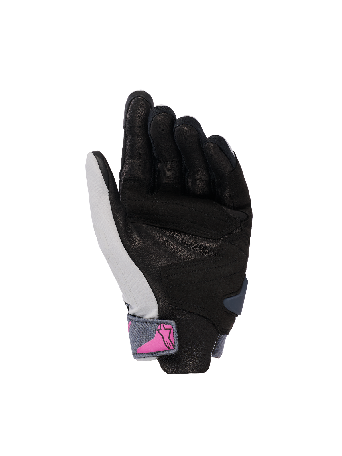 Alpinestars Stella SP X 3 Handschuhe, Damen-Motorradhandschuhe, Handflächenansicht, Mid Gray Asphalt Black mit rosa Logo auf dem Handgelenksriemen, perforierte Lederhandfläche für Griffigkeit und Belüftung, sportliches Design für Straßenfahrten